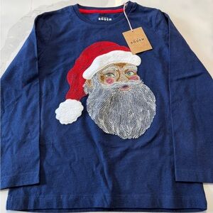 Boden Kids Long Sleeve Shirt with Santa Design - Navy and Red